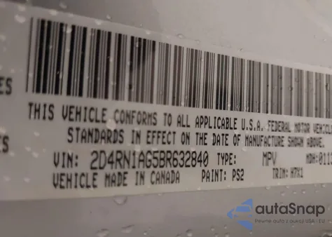 2011 Dodge Grand Caravan C/V из США, поврежденный, VIN 2D4RN1AG5BR632840